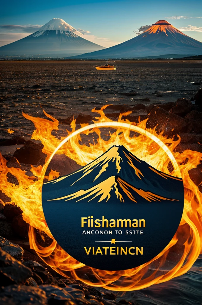 Fisherman logo with a background of a volcano