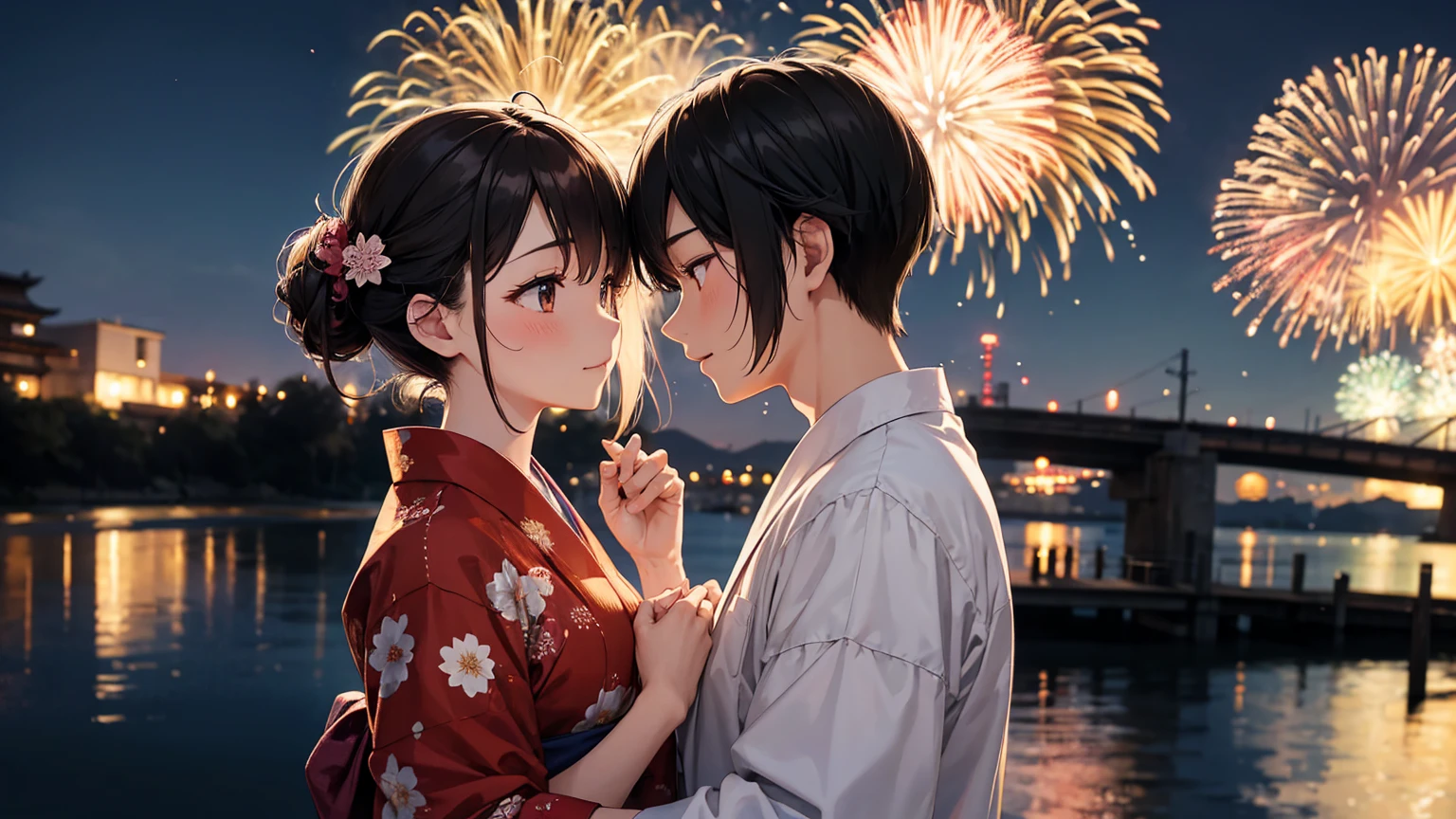 Fireworks Night、Many fireworks are launched from the riverbank in the background.。The 25-year-old man was wearing a brown jinbei.、The woman is 17 years old and is wearing a floral yukata.。Men are taller and there is a significant height difference between them and women、The two of them are holding hands, blushing, looking at each other and embracing each other.。
