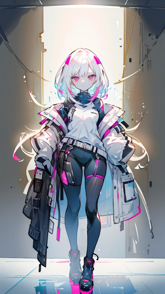 1 redheaded girl, pink eyes, cyberpunk, hand in pocket, white heels, detailed face, beautiful detailed eyes, beautiful detailed lips, extremely detailed eyes and face, long eyelashes, high quality, 4k, 8k, highres, masterpiece:1.2, ultra-detailed, realistic, photorealistic:1.37, HDR, UHD, studio lighting, ultra-fine painting, sharp focus, physically-based rendering, extreme detail description, professional, vivid colors, bokeh, portraits, sci-fi, neon lights