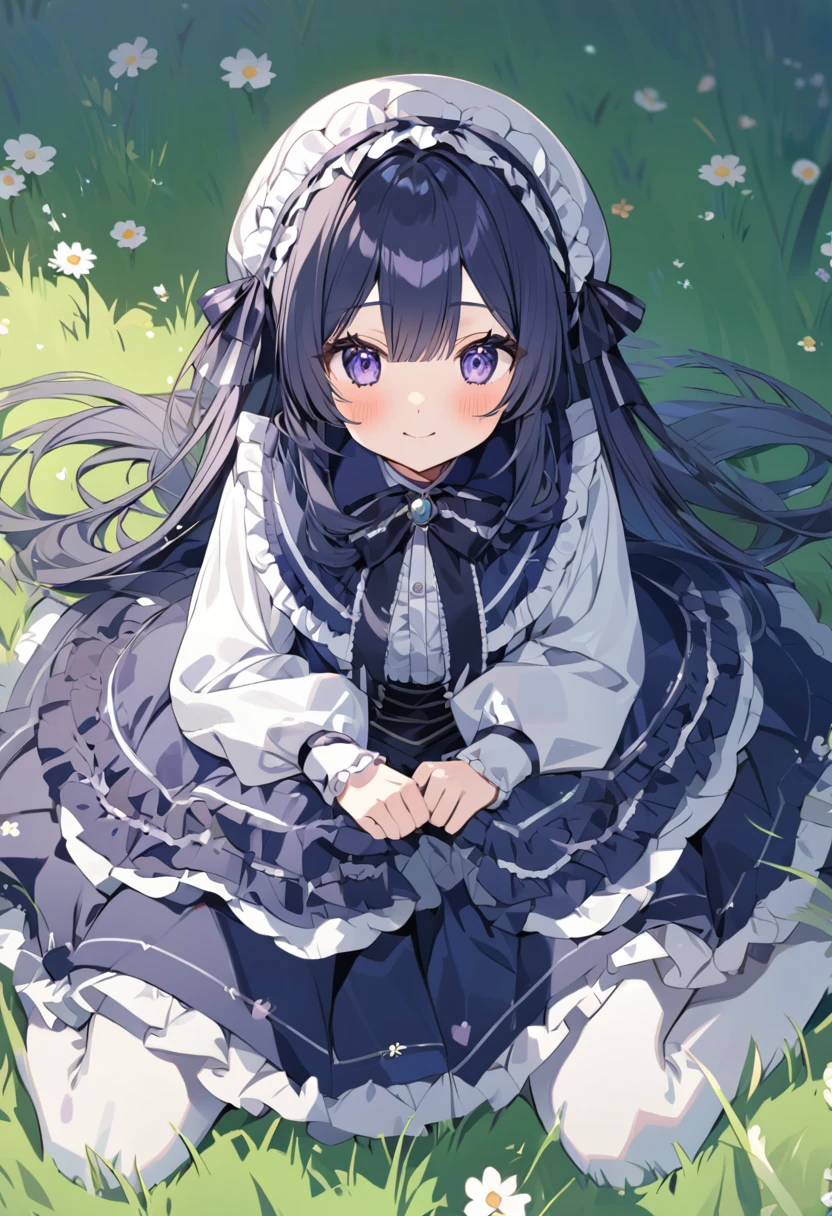 Long navy hair,ta Skirt,Fufu has a very cute face,It's a cute girl,In the grassland