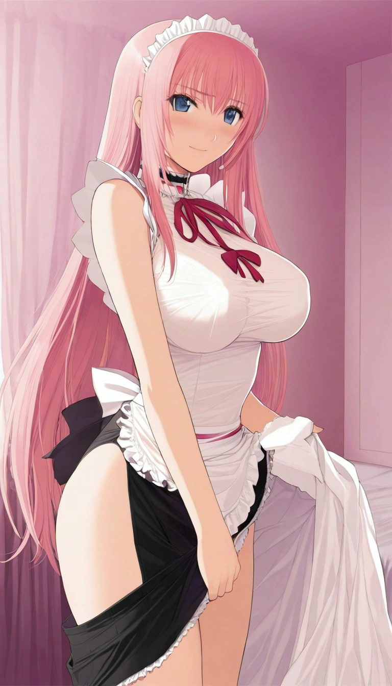 nsfw:1.2,Masterpiece:1.5,Detailed and beautiful depiction 1.5,Official Art,Beautiful adult woman ,Megurine Luka,Pink long hair,blue eyes,Large Breasts,Erotic smile temptation,Maid clothes,Embarrassed, she lifts her skirt to reveal her black shorts,bedroom