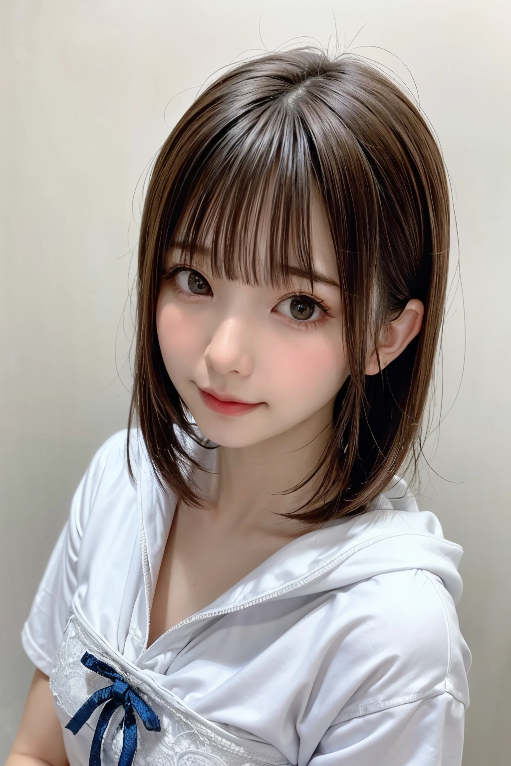 Everything is beautifully detailed:1.6,masterpiece、Highest quality、1 Girl, alone, alone focus, Cowboy Shot, Portraiture, Oversized hoodie, Blue and white hoodie, half水彩画, half, ((Black Hair)), (Shiny hair), (美し過ぎるShiny hair :1.5), ((Beautifully rendered delicate eyes)), Very detailedな目, (Beautiful and attractive skin), Highest quality, Very detailed, White Background, Simple Background、{huge|big|hugeな|Mega} chest:2, chestの谷間:2、開けたchest、強調されたchest元、Perfect Anatomy、Cute Smile、Short Hair、bangs、Put out your ears、beautiful long neck