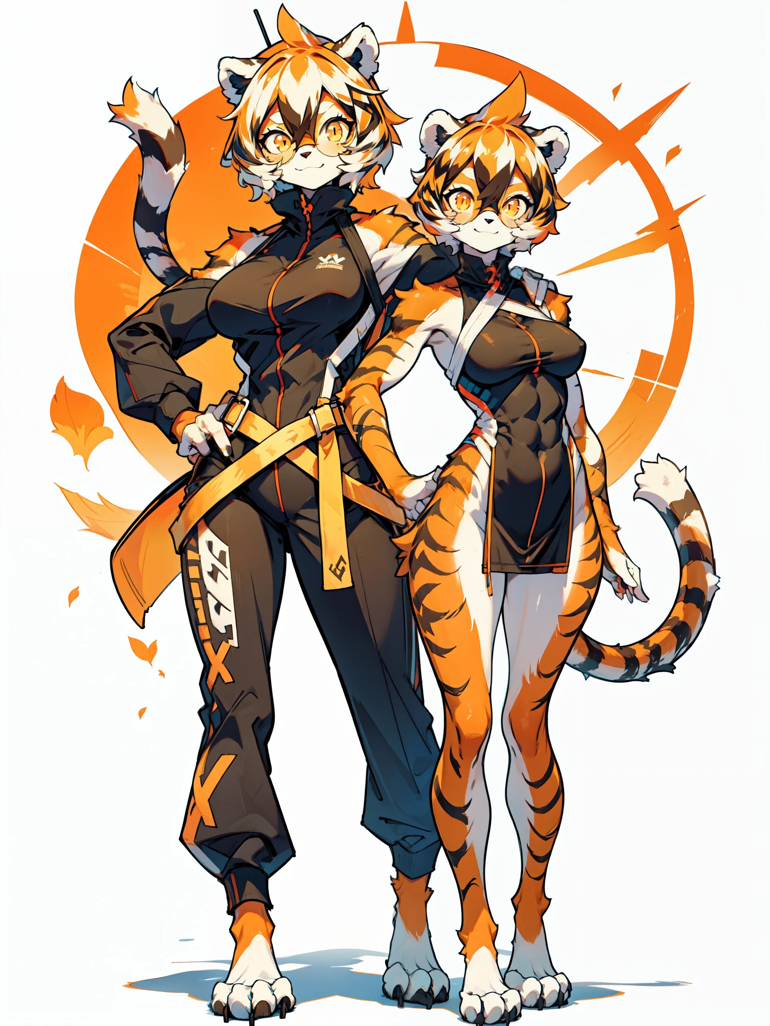 white background, full body, ((furry female:1.2)), Standing, animal ears, white hair, black hair, short hair, large breasts, muscle, tail, orange eyes, orange hair, multicolored hair, tiger girl, hair between eyes, tiger_ears, tiger_tail, orange-tinted_eyewear, tinted_eyewear, big breasts, evil smile, Shadows under feet, Abdominal muscles, (((x-ray, outfit:1.2))),