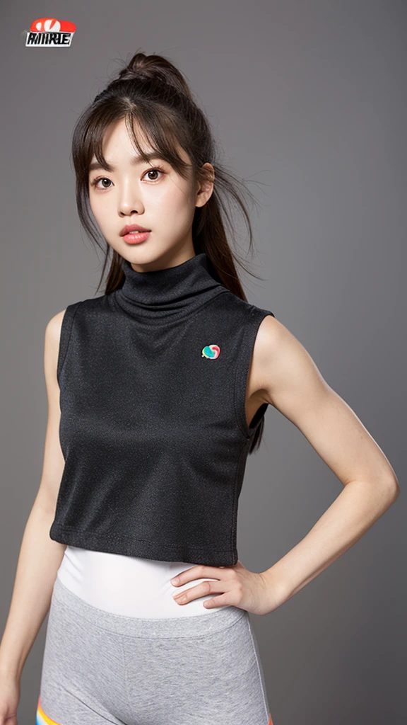 vivid,Normal chest,((between legs)),cute,(Detailed face),Long cloth,Sharp Eyes,Turtleneck sleeveless sporty lightweight(Grey plastic)Clothes,Ultra-high resolution,(Photorealistic:1.7),Black braid,Gray background,