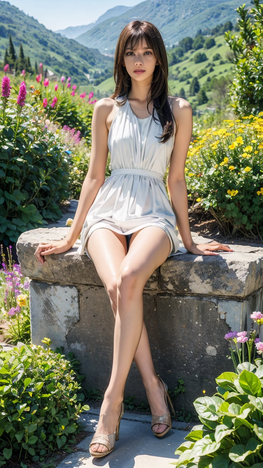 ((masterpiece)),(((Highest quality))),((Character design sheet))，Long legs,Slender figure:1.5，whole body:1.5，(One Girl:1.3),(Viewer Display:1.4)，(Pointy high heels,, :1.3),(Sit with your legs apart on the top of a mountain:1.2),(Wearing a dress of flowers and plants:1.2),short, flowing golden hair:1.2),She spreads her legs and her panties are exposed:1.5，