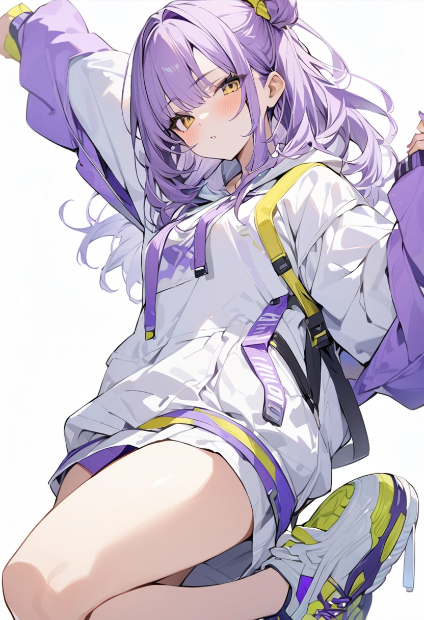 (masterpiece、Highest quality:1.2、8K)、central、whole body、1 girl、Yellow and purple fashion、Simple Sneakers、Simple Background、Pure white background #fff fff、Open your eyes、Delicate eyes、20 year old adult