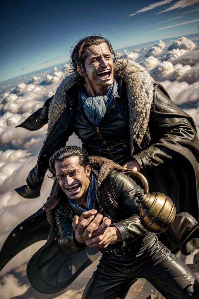 masterpiece, best quality, extremely detailed, hyperrealistic, photorealistic, a cool 40s man, ultra detailed face:1.3, fur-trimmed coat, scarf around the neck, his left hand is a golden pirate hook:1.1, skydiving:1.1, flying, floating, aerial view shot, laughing, above the clouds, a lot of white clouds
