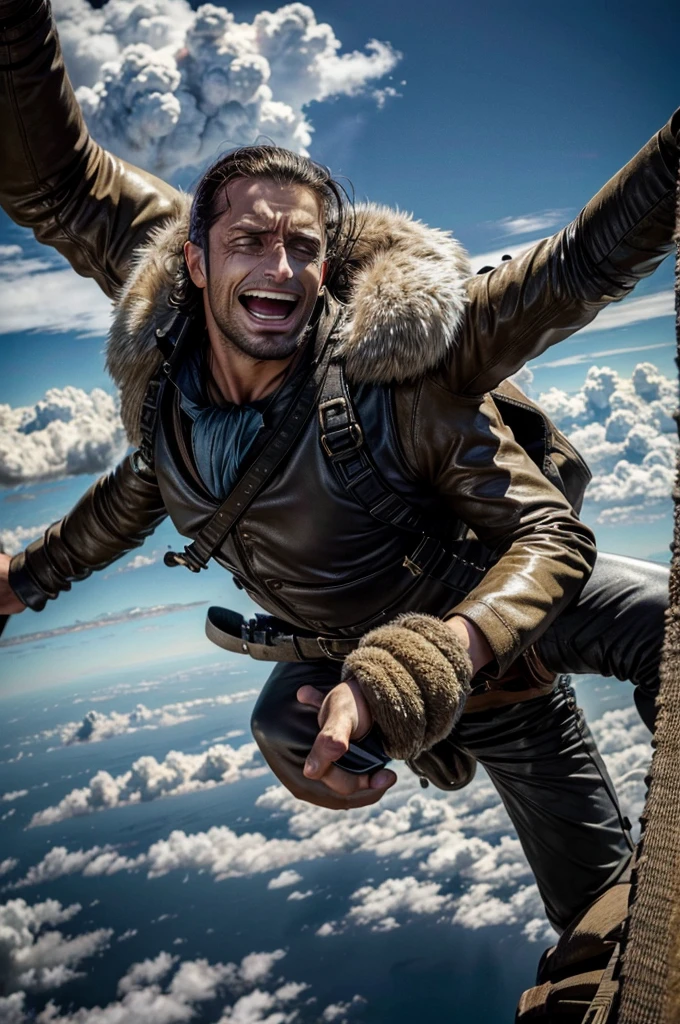 masterpiece, best quality, extremely detailed, hyperrealistic, photorealistic, a cool 40s man, ultra detailed face:1.3, fur-trimmed coat, scarf around the neck, his left hand is a golden pirate hook:1.1, skydiving:1.1, flying, floating, aerial view shot, laughing, above the clouds, a lot of white clouds