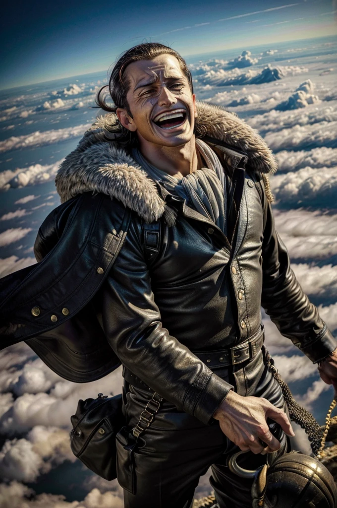 masterpiece, best quality, extremely detailed, hyperrealistic, photorealistic, a cool 40s man, ultra detailed face:1.3, fur-trimmed coat, scarf around the neck, his left hand is a golden pirate hook:1.1, skydiving:1.1, flying, floating, aerial view shot, laughing, above the clouds, a lot of white clouds
