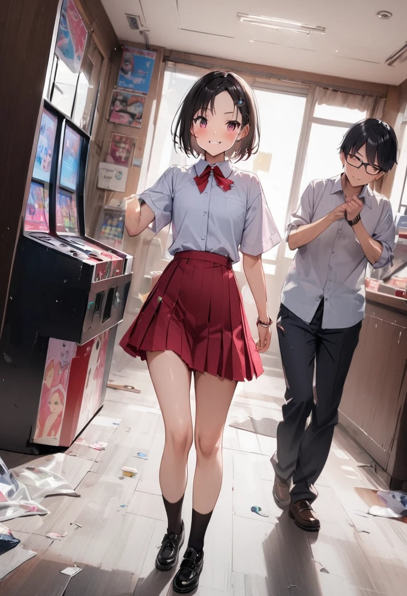 arcade、game machine、Game bench、UFO Catcher、Purikura、Date、Fashionable glasses、forehead、Panty shot、Pantieini skirt、Girl、Girl、Short、Younger、Lower school year、Baby Face、flat chest、smile、Dynamic Angle、masterpiece、best quality、ultra-detail、There are customers around、I'm making a mess、Clothing
