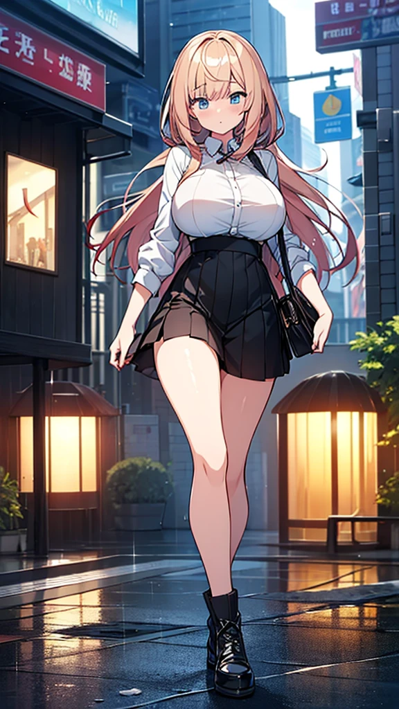 One girl, 18-year-old, Mix 4, (32k, RAW Photos, Highest quality, masterpiece:1.2), (Anime-like, photoAnime-like:1.37), cute, night, rain, Humidity, Professional Lighting, Photon Mapping, Radio City, Physically Based Rendering, Super Resolution, (Bouncing Big Breasts:1.2), {{A weaponized organism escapes from a laboratory and preys on girls in the city, taking on a human form.}}, The bones of a girl he had preyed on were lying at his feet., Scene of predation and substitution, NSFW