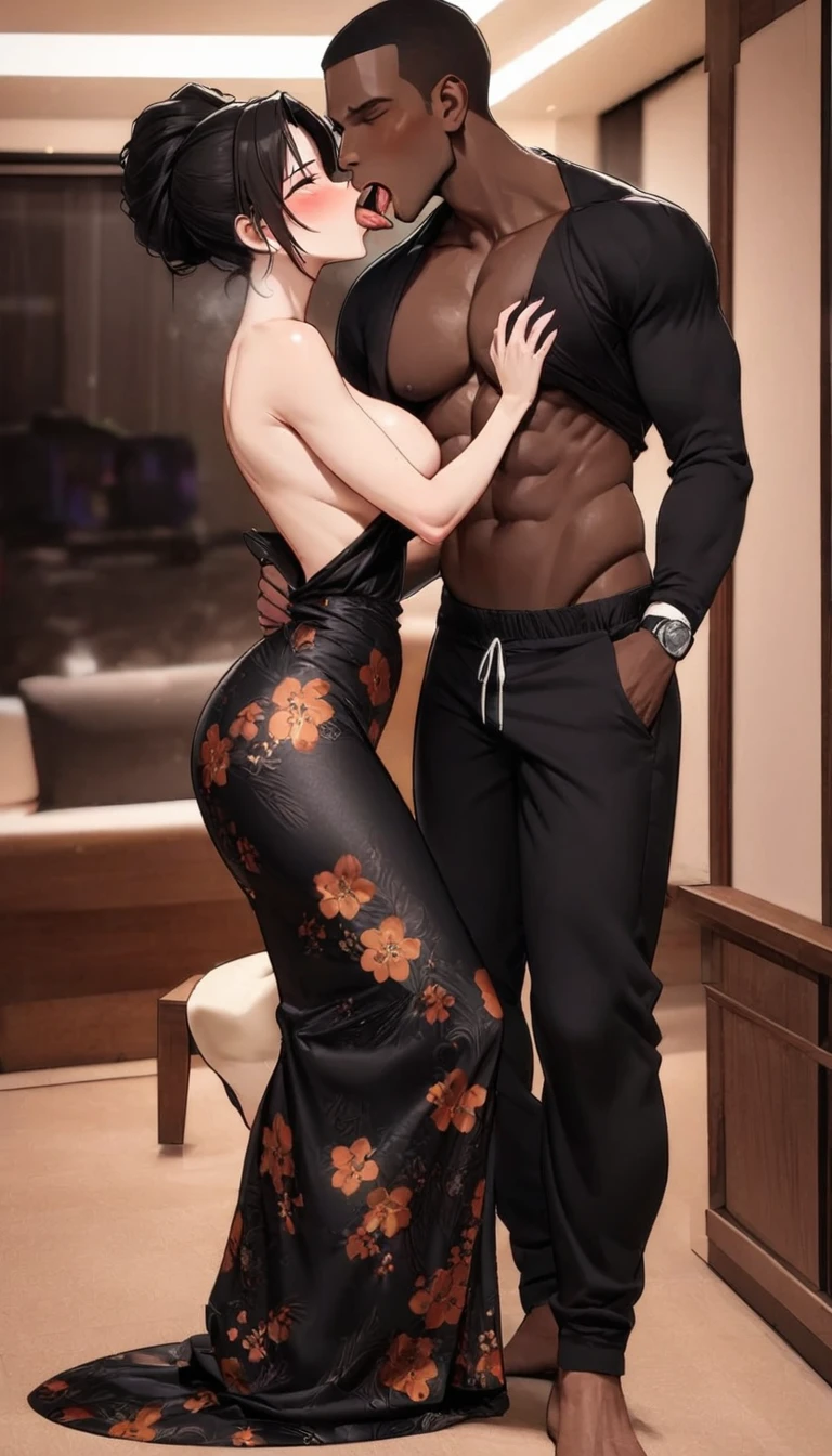 (ung black man), (1 asian mature woman), (duet), A woman seduces a young blackman,Cuddled,(strong and naked black man,short pants,muscle body,bodybuilder),(a young woman with big breasts,narrow waist,bare shoulders,(long skirt dressed, floral print, naked), European 40 year old milfs and th1 young black man ,srrong black man, best quality:1.4), (Ultra-high resolution:1.2), (8K, RAW photos:1.2), Laurena Lexis, (1 woman, 1 blackman), Moms showing off their curves, bend down, Wearing sexy clothes and shorts, and blackman, Clear eyes, A woman and blackman, ((French Kiss))