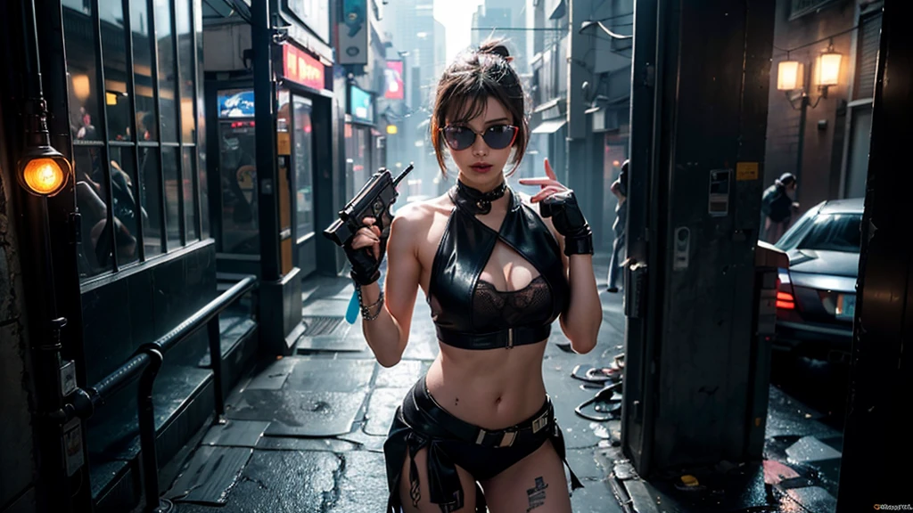 (masterpiece:1.1), hi-res, 4k, photorealistic, ((aerial view cyberpunk city)), at dark night. (((((1girl, solo, alone))))), large-breast:1.1 slim body, cleavage:1.1, sexy clothes, (headphone, black sunglasses), (((standing and holding pistol pose))), half-body thigh level medium shot, cinematic lighting, lens flare, ray tracing.