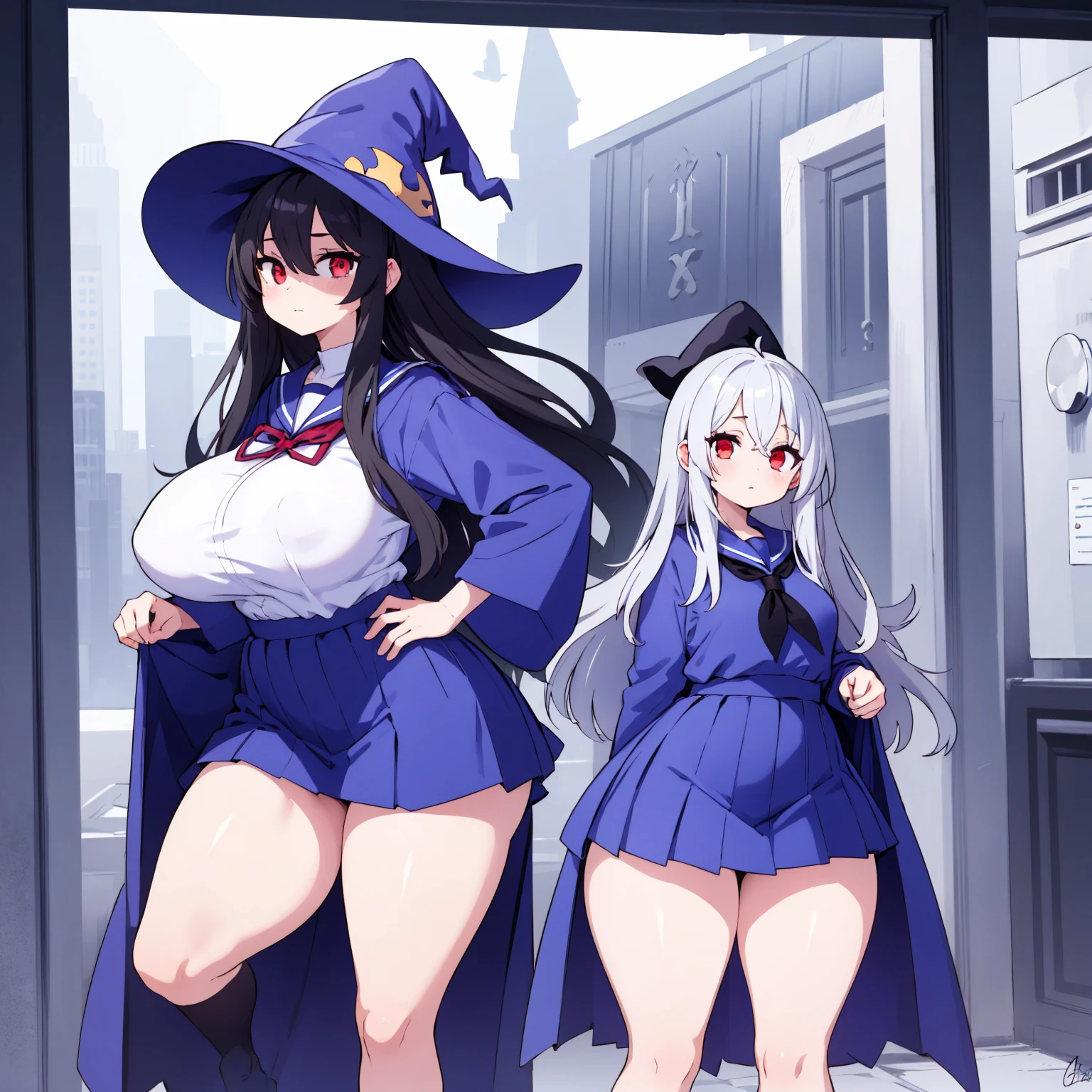(((High quality))), 1girl, solo, black hair, messy hair, bangs, red eyes, large breasts, wide hips, thick thighs, witch hat, robes, white blouse, blue skirt, sailor uniform, sexy pose