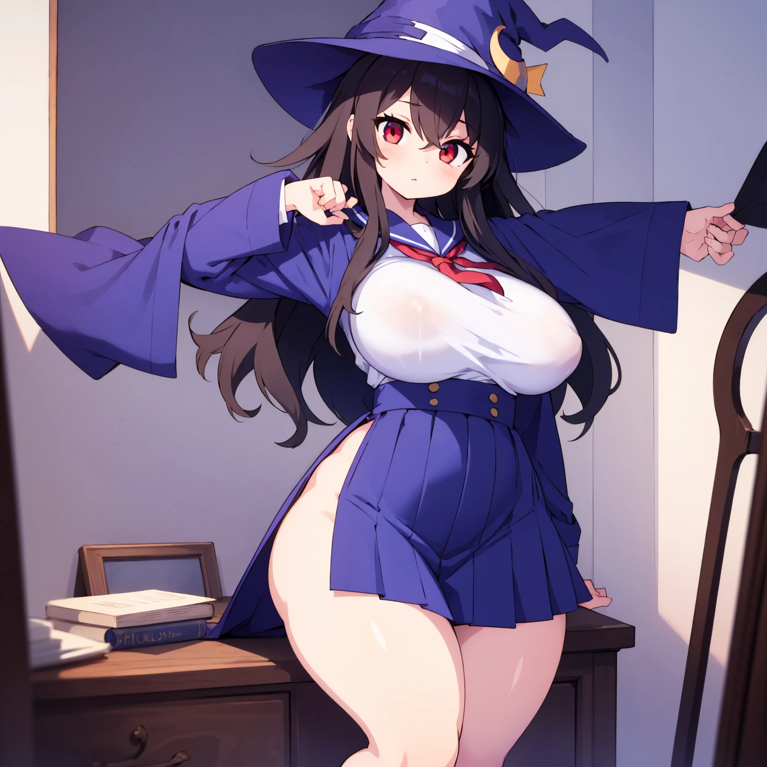 (((High quality))), 1girl, solo, black hair, messy hair, bangs, red eyes, large breasts, wide hips, thick thighs, witch hat, robes, white blouse, blue skirt, sailor uniform, sexy pose
