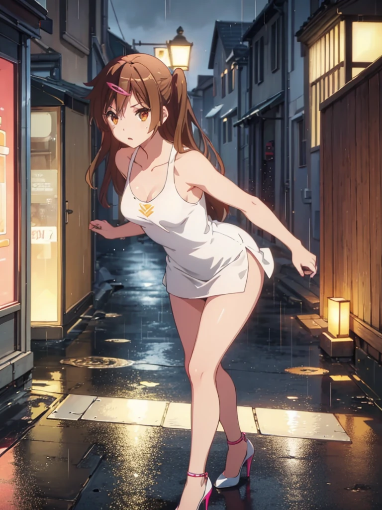 Girl, short tight dress With a deep decal, You can see her breasts, Bare breasts, chest visible, street background, Narrow passage between houses, night, rain, slim body, In full growth, Stiletto Shoes , small breast,