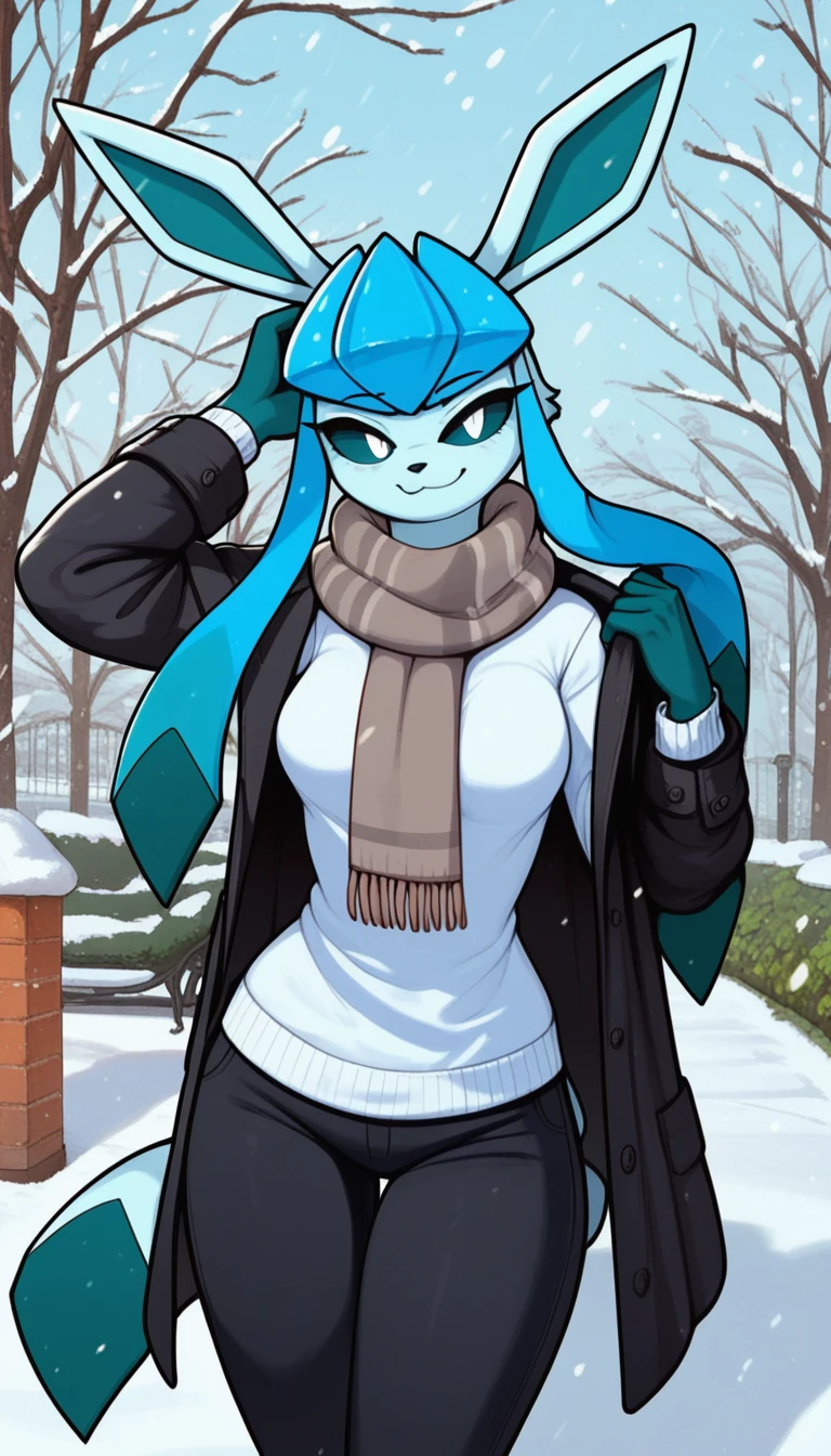 Excited expression, 1girl, anthro, furry, fur, fluffy fur, glaceon girl, blue hair (cyan highlights), black sclera, white eyes, long hair, Messy hair, (19 years), medium breast, thicc thighs, solo, snow, park, snowing, detailed, smug smile, black coat, white sweater, gray scarf, half-closed eyes, hands on breasts, blush, trembling, looking up, Open mouth, (1boy, sex, pov, fuck pussy), score_9, score_8_up, score_7_up, score_6_up, score_5_up, score_4_up