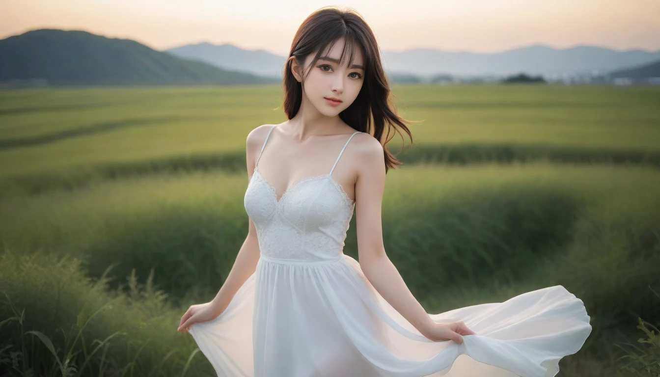 8K, Ultra-high resolution, Highest quality, masterpiece, 三分割法によるphotograph,Surreal, photograph, 1 Girl, (16 years old:1.3), pretty girl, Cute face, Beautiful eyes in every detail, 細かくdetailedに,masterpiece,One Girl:1.2, Japan Female Announcer,whole body,Fearful expression,Black Hair,Messy hair,広大な風景photograph、grassland、(View from below、Shows the sky above and below)、sunset、Girl in a white dress looking to the side、smile,Deng,Beautiful leg line beauty,Realistic Skin, Perfect and beautiful face ,完璧でCute face, Skin with attention to detail, Perfect limbs、Narrow waist、Thin legs),Looking at the audience、beauty,Long neck、(((Ideal body type))),A cup small breasts :2,Portraiture:2,Perfect Anatomy,鮮明なdetailed,detailed,Surreal,Light and shadow,darkness