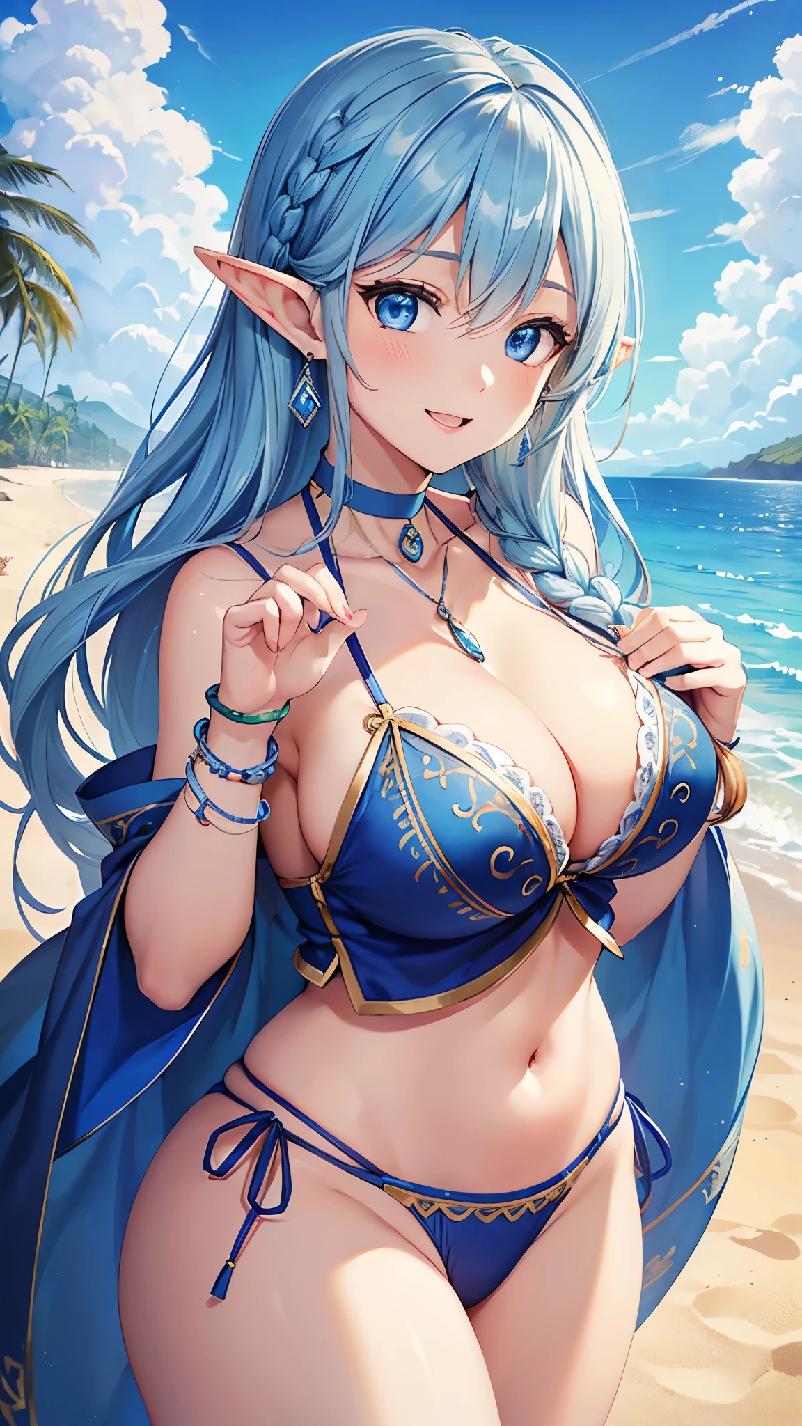 Highest quality、Highest quality、masterpiece、(8K resolution),beauty(Age 25)、(Mature Appearance)、Light blue long hair(Braiding of sides)、blue eyes、(Blue underwear with detailed embroidery)、(Elf)、Big cleavage、((Very large breasts))、smile、blue necklace、Blue Earrings、background(Beach)、Please open your mouth wide、bracelet、Dynamic pose、Blue choker、