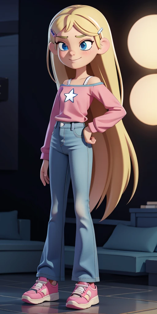 score_9, source_cartoon, masterpiece, best quality, 1girl, solo, Kelly Marra, looking very happy, long hair, blonde hair, cute blue eyes, hair ornament, white long sleeves, hairclip, flare deep blue pants(Wide flares on pants:1.2), pink shoes, off shoulder, white star (symbol) in the middle of the shirt, Pink t-shirt,
