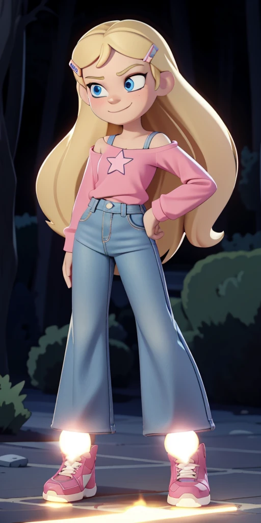 score_9, source_cartoon, masterpiece, best quality, 1girl, solo, Kelly Marra, looking very happy, long hair, blonde hair, cute blue eyes, hair ornament, white long sleeves, hairclip, flare deep blue pants(Wide flares on pants:1.2), pink shoes, off shoulder, white star (symbol) in the middle of the shirt, Pink t-shirt,
