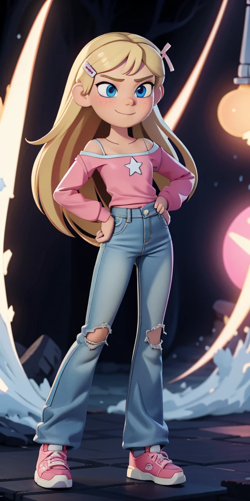 score_9, source_cartoon, masterpiece, best quality, 1girl, solo, Kelly Marra, looking very happy, long hair, blonde hair, cute blue eyes, hair ornament, white long sleeves, hairclip, flare deep blue pants(Wide flares on pants:1.2), pink shoes, off shoulder, white star (symbol) in the middle of the shirt, Pink t-shirt,
