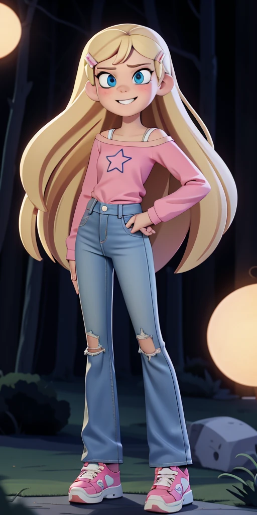 score_9, source_cartoon, masterpiece, best quality, 1girl, solo, Kelly Marra, looking very happy, long hair, blonde hair, cute blue eyes, hair ornament, white long sleeves, hairclip, flare deep blue pants(Wide flares on pants:1.2), pink shoes, off shoulder, white star (symbol) in the middle of the shirt, Pink t-shirt,
