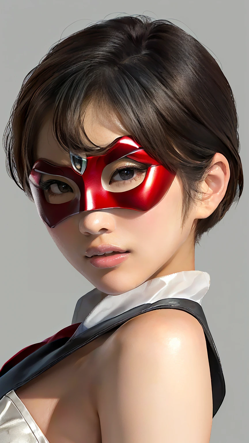 (simple gray background: 1.7),(nsfw:1.2),(8K, RAW Photos, Highest quality, masterpiece: 1.2), (Realistic, Realistic: 1.37), Highest quality, Ultra-high resolution, Light leakage, Dynamic Lighting, Slim and smooth skin,(Soft saturation: 1.6), (Fair skin: 1.2), (Shiny skin: 1.1), Oily skin, 22 years old, (bob black short hair:1.3), well-formed, (from the front: 1.8), Supergirl Costume:1.5、red eye mask,Airi Suzumura: 1.1, No makeup look: 1.3,
