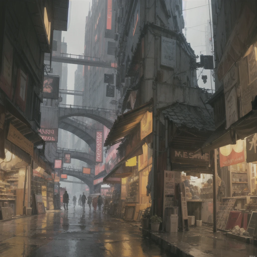 ((masterpiece)),((best quality)),((high detail)),((realistic,)) Futuristic era city, deep gorges in the middle, architectural streets, bazaars, bridges, rainy days, cyberpunk, European architecture