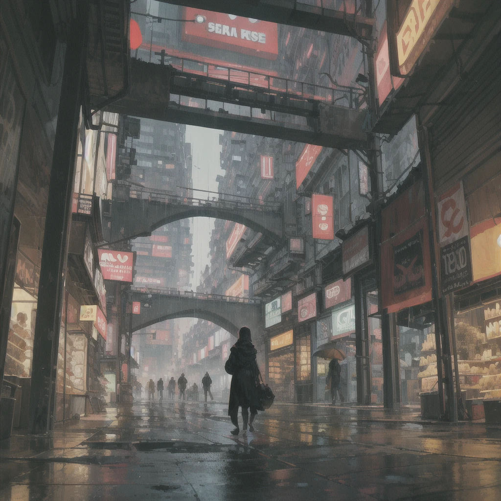 ((masterpiece)),((best quality)),((high detail)),((realistic,)) Futuristic era city, deep gorges in the middle, architectural streets, bazaars, bridges, rainy days, cyberpunk, European architecture