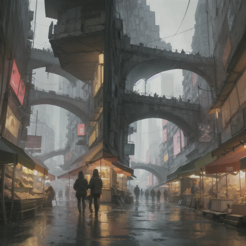 ((masterpiece)),((best quality)),((high detail)),((realistic,)) Futuristic era city, deep gorges in the middle, architectural streets, bazaars, bridges, rainy days, cyberpunk, European architecture