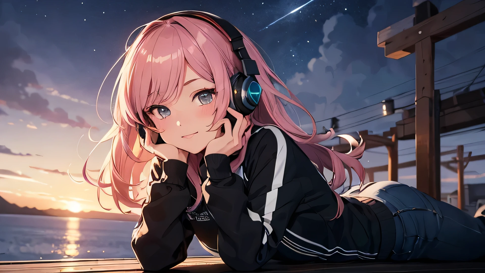 ((Highest quality)), ((masterpiece)), (detailed), perfect face cute, anime style with an early 80's city pop culture vibe.
A girl is lying on a hill overlooking the sea, Gazing at the night sky. She is wearing headphones and a long-sleeved outfit.. A pleasant breeze blows、her hair is blowing in the wind. 768x432 [16 : 9].