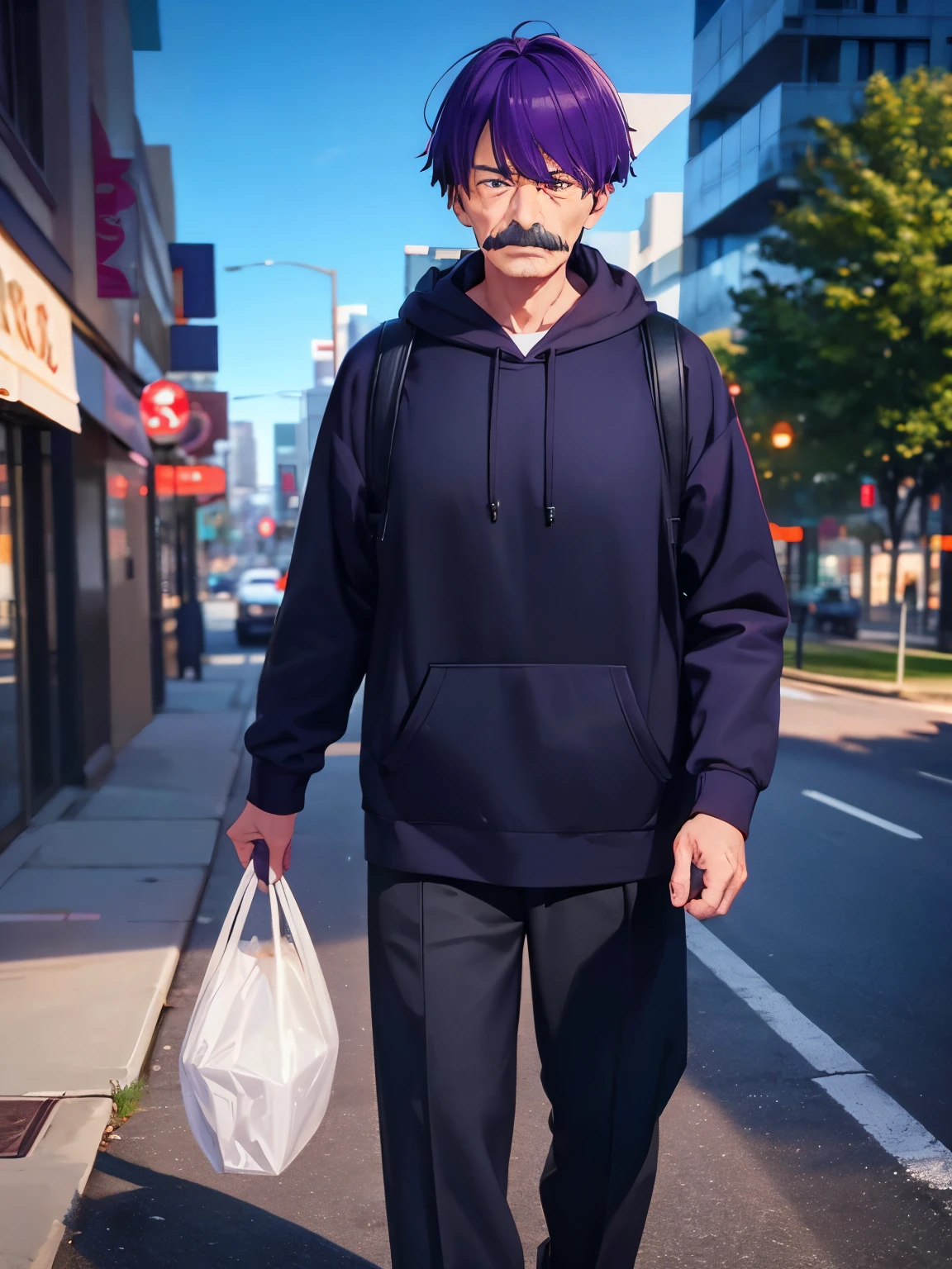 1 old man, 70 years old,Carrying a big bag, early in the morning,,purple hair,short hair, green eyes, purple mustache,black hoodie, black trousers,,ultra detail, ultra HD, standing,Thin body,half body photo