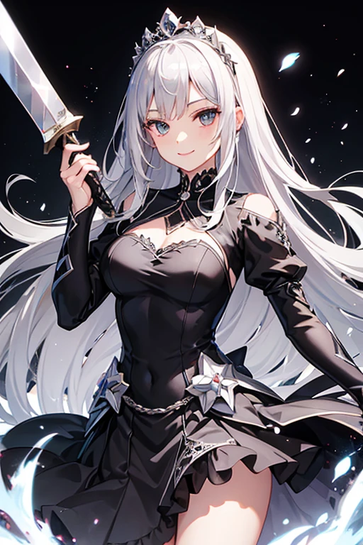 queen(black dress, silver hair, tiara), smiling, have short sword,