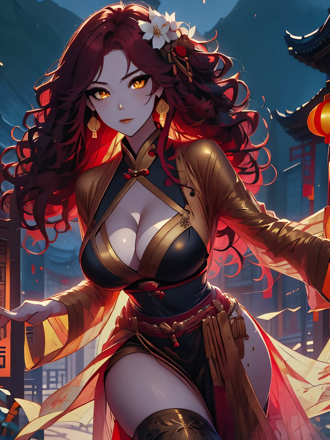 solo , solo girl, 1 girl, perfect anatomy, maximum sharpness, high definition, UHD, beautiful, mei, mei queen, black dress, low cleavage, wavy red hair, red hair, golden eyes, detailed eyes, beautiful eyes, chest, one-piece dress, sexy, sensual, night, dark night, seductive, ruins, magnolia, traditional Chinese architecture, perfect anatomy,