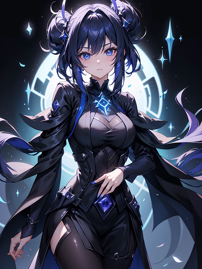 25-year-old girl、Rune background、black magician、Wearing a black robe、mesmerize、cute woman、Elegant hairstyle、indigo hair color、Slightly shorter hair、blue eyes、look at the viewer、masterpiece、Best image、
