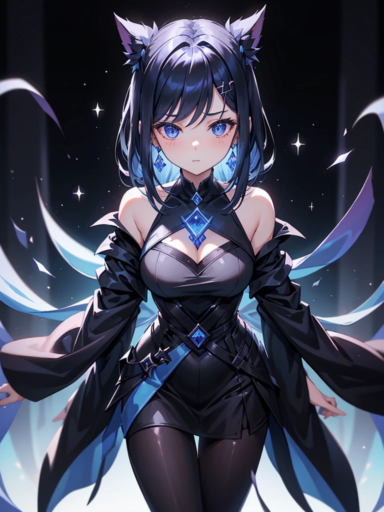 25-year-old girl、Rune background、black magician、Wearing a black robe、mesmerize、cute woman、Elegant hairstyle、indigo hair color、Slightly shorter hair、blue eyes、look at the viewer、masterpiece、Best image、