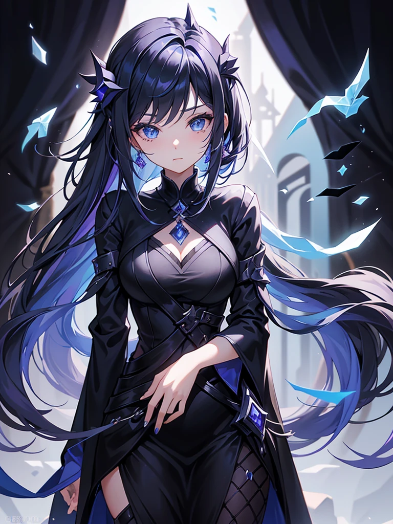 25-year-old girl、Rune background、black magician、Wearing a black robe、mesmerize、cute woman、Elegant hairstyle、indigo hair color、Slightly shorter hair、blue eyes、look at the viewer、masterpiece、Best image、