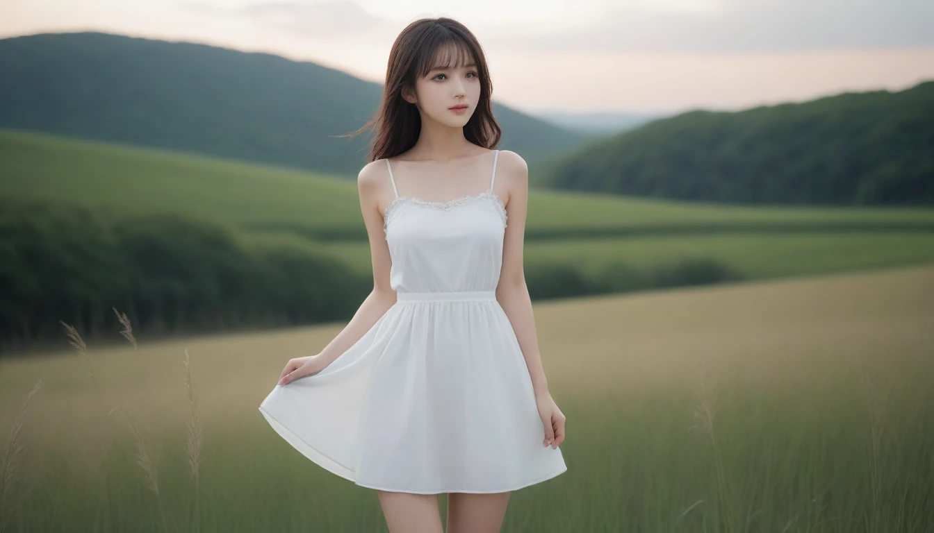 8K, Ultra-high resolution, Highest quality, masterpiece, 三分割法によるphotograph,Surreal, photograph, 1 Girl, (16 years old:1.3), pretty girl, Cute face, Beautiful eyes in every detail, 細かくdetailedに,masterpiece,One Girl:1.2, Japan Female Announcer,whole body,Fearful expression,Black Hair,Messy hair,広大な風景photograph、grassland、(View from below、Shows the sky above and below)、sunset、Girl in a white dress looking to the side、smile,Deng,Beautiful leg line beauty,Realistic Skin, Perfect and beautiful face ,完璧でCute face, Skin with attention to detail, Perfect limbs、Narrow waist、Thin legs),Looking at the audience、beauty,Long neck、(((Ideal body type))),A cup small breasts :2,Portraiture:2,Perfect Anatomy,鮮明なdetailed,detailed,Surreal,Light and shadow,darkness
