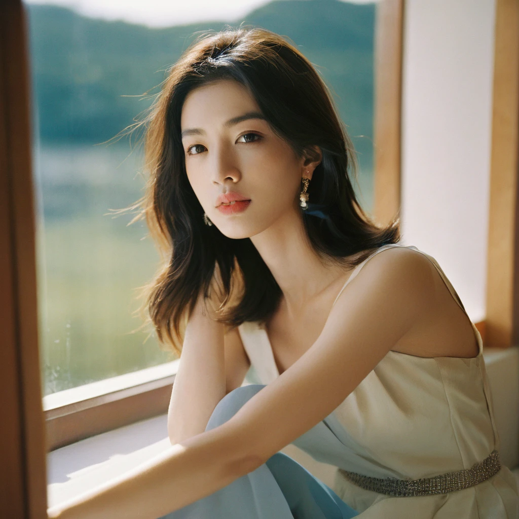 Closeup candid portrait photo of a young artistic Korean woman, retro-futuristic, still from the film, ((solo)), (Anne Hathaway look alike face: 0.9), sitting by the window, sunlight beams on her face, soft romantic lighting, summer day, Leica SL3, Summicron-SL 75 f/2 ASPH, kodak gold 200 film, bare shoulder, dynamic action pose,
