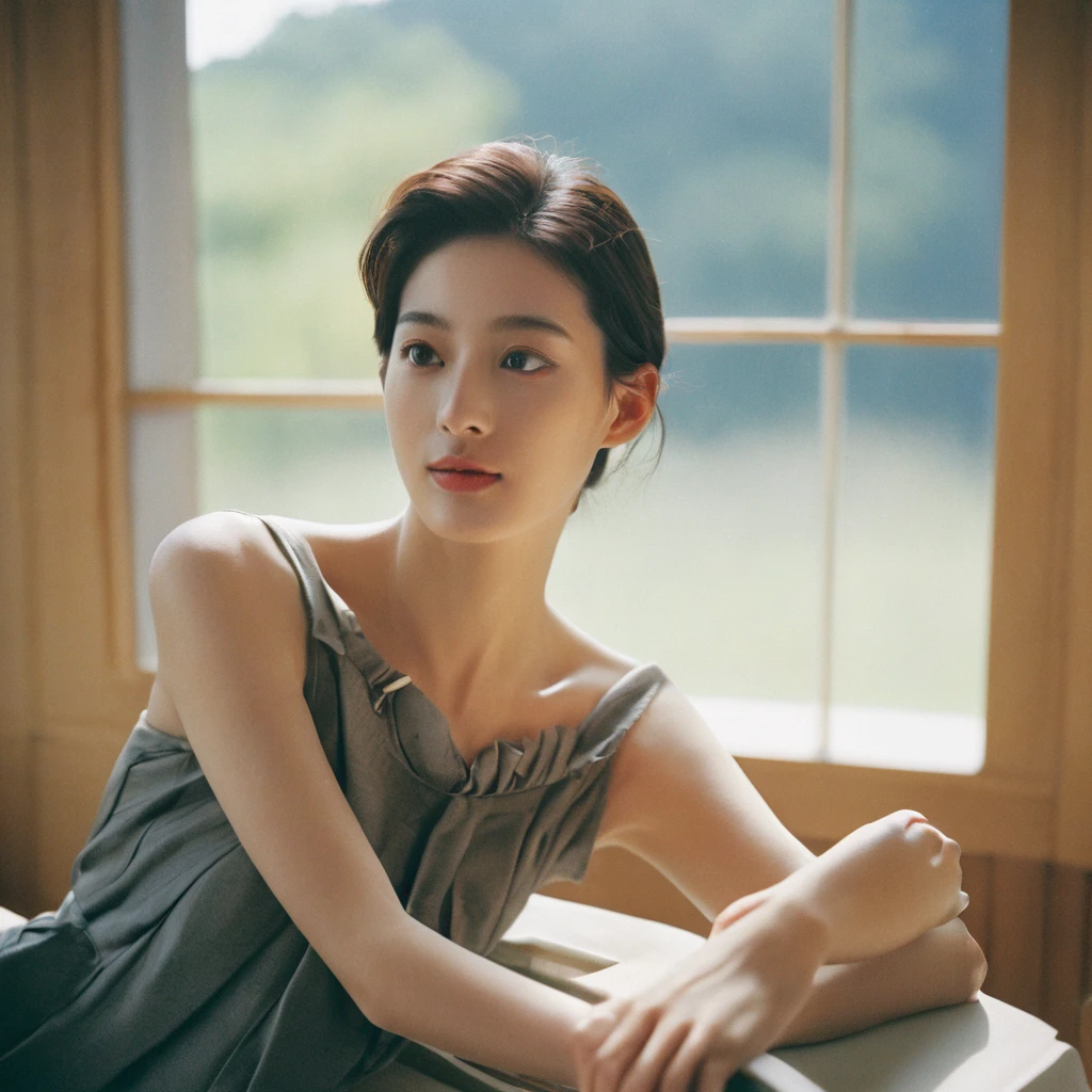 Closeup candid portrait photo of a young artistic Korean woman, retro-futuristic, still from the film, ((solo)), (Anne Hathaway look alike face: 0.9), sitting by the window, sunlight beams on her face, soft romantic lighting, summer day, Leica SL3, Summicron-SL 75 f/2 ASPH, kodak gold 200 film, bare shoulder, dynamic action pose,