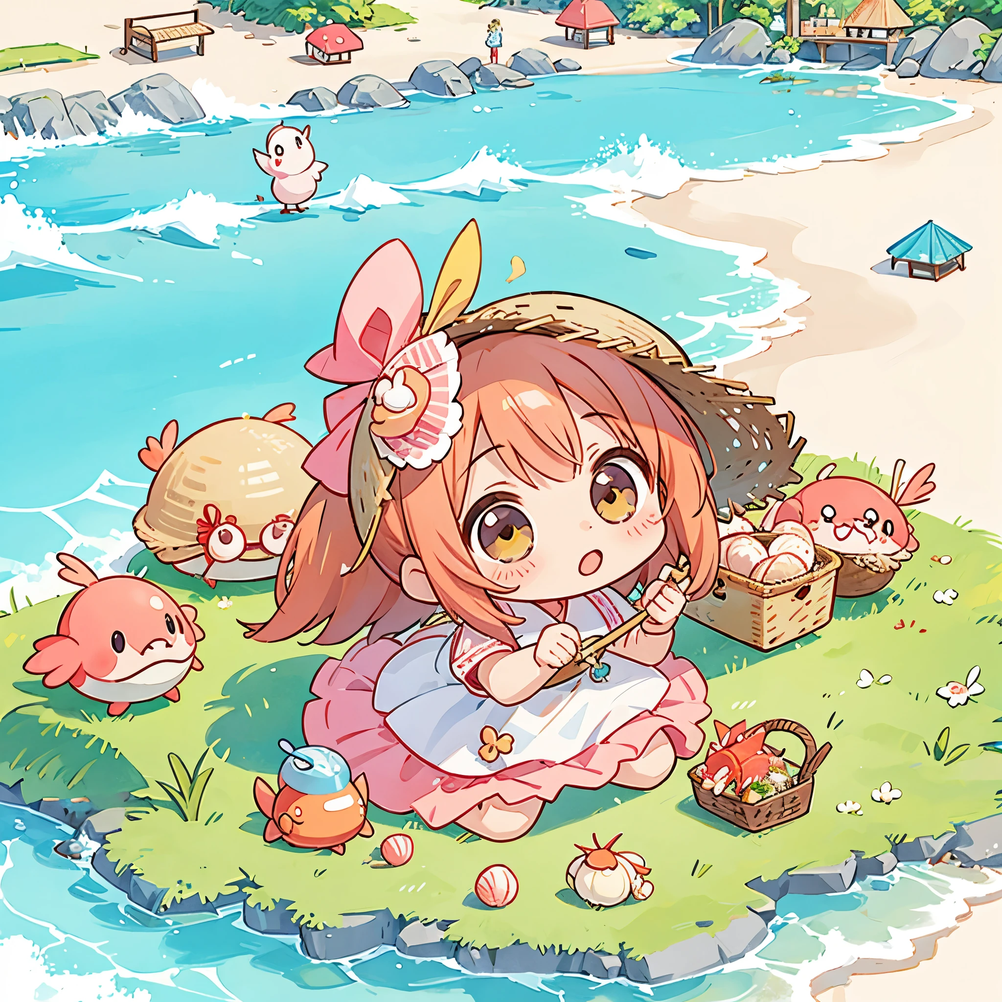 Momoko Sakura Style, Kawaii Design, most beautiful girl ever、Chibi, Straw hat、Lots of friends、birdie、picnic、Summer beach, crab、shell