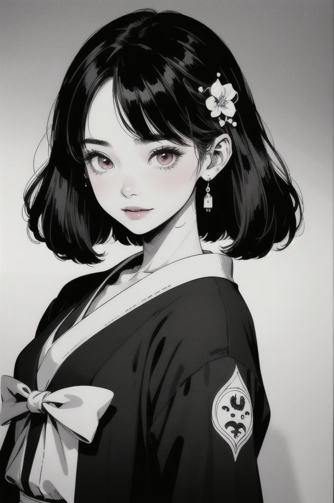 (1 Girl:1.2), alone, Hime Cut,Traditional clothing of Japan, Red eyes,cartoon style, Joe Fenton, Expressionless black and white photo, camp, Undeserved, Bite, envy, Gust (Lovecraft),Calm, A kind smile, Wayne Barlow,, in gochuumon wa usagi desu ka? style, nostalgic