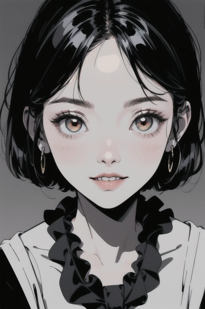 (1 Girl:1.2), alone, Hime Cut,Traditional clothing of Japan, Red eyes,cartoon style, Joe Fenton, Expressionless black and white photo, camp, Undeserved, Bite, envy, Gust (Lovecraft),Calm, A kind smile, Wayne Barlow,, in gochuumon wa usagi desu ka? style, nostalgic