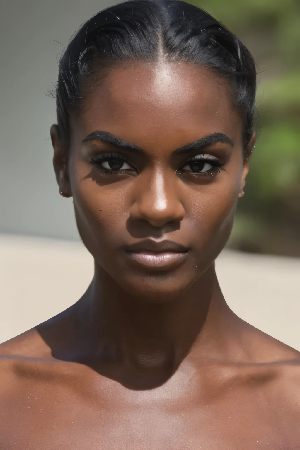 Generate an image of a woman with dark skin, black straight hair styled in a sleek bun. Her face should be well-defined with arched eyebrows, expressive eyes, a straight nose, and full lips. The woman should have a slim and athletic body with a confident and professional posture. Her expression should convey authority and determination.