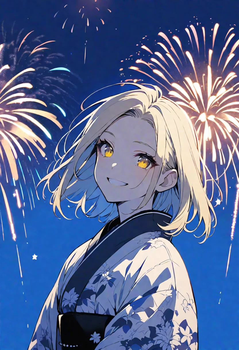 solo,handsome, monotone,
1. Female,
,Straight Hair,short Hair,, blonde hair,
Kazuka Nakano ,
yellow eyes,Soft look,beautiful,beautiful,Lolita,Darkness,
smile,skin, yukata,
,Star,night sky,FIREWORKS,
simple background ,
Blue background,