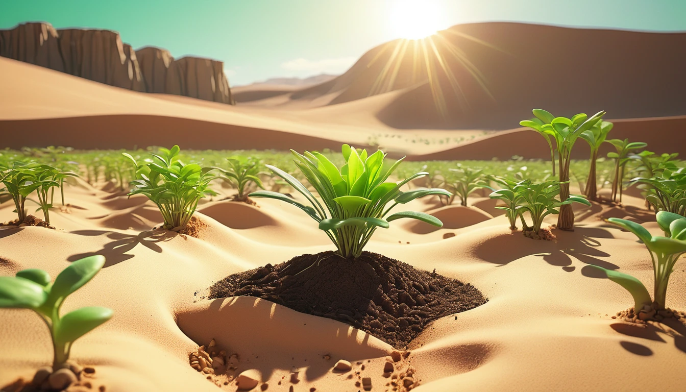 A stunning 3D scene,Oasis land in the desert,There is a seedling of a plant in the soil,Seedlings glow green,There is light radiating outward from the seedling