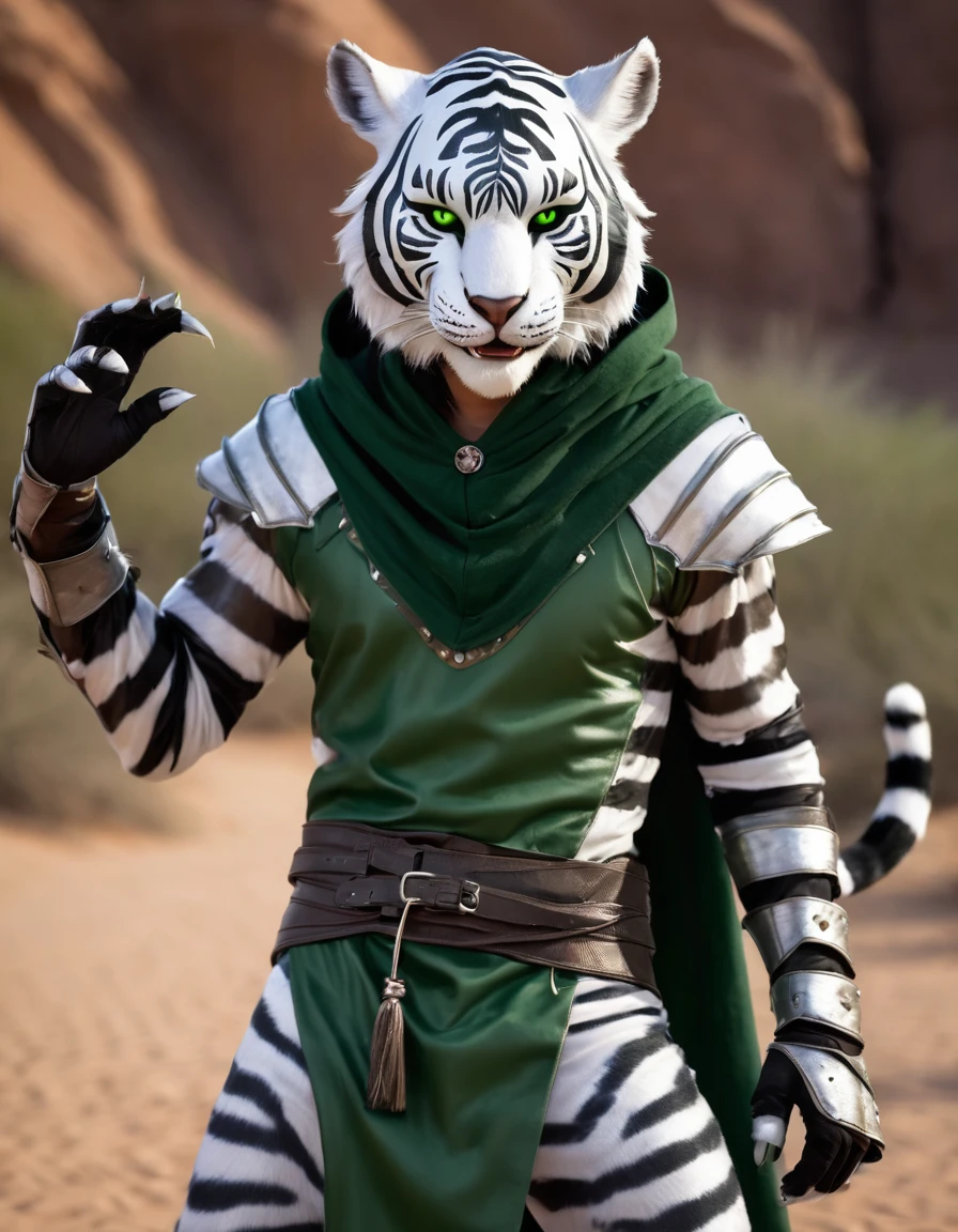 Score_9, score_8_up, score_7_up, score_6_up, score_5_up, anthro white tiger tiefling, a tall furry anthropomorphic catman, (white and grey striped fur), green slit eyes, clawed fingers, 4 fingers, black claws on fingertips, male, skinny, gaunt, (smiling, grinning, smirking, open mouthed grin), wearing (leather armour chest piece over a dark green tunic with a dark green hood, loose garments, baggy clothes), highest quality,hi res,best quality, realistic, hyper-realistic, photorealistic, dark green clothing, desert background, evening,setting sun in background, full_body, (Tiefling:0.8), W3R3C4T, shrugging shoulders, showing palms, showing hands, palms out, arms outstretched, looking at viewer, welcoming, relaxed, carefree attitude
