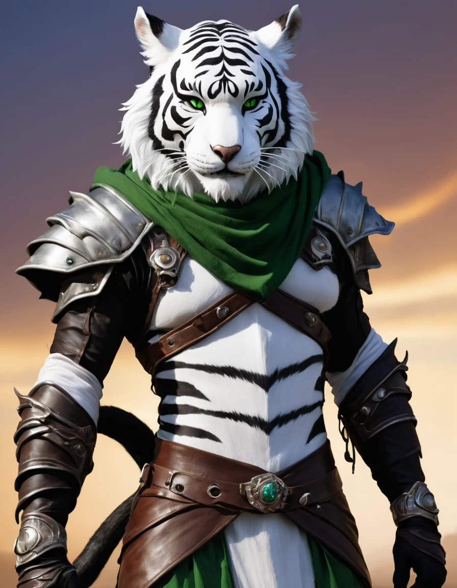 Score_9, score_8_up, score_7_up, score_6_up, score_5_up, anthro white tiger tiefling, a tall furry anthropomorphic catman, (white and grey striped fur), green slit eyes, clawed fingers, 4 fingers, black claws on fingertips, male, skinny, gaunt, (smiling, grinning, smirking, open mouthed grin), wearing (leather armour chest piece over a dark green tunic with a dark green hood, loose garments, baggy clothes), highest quality,hi res,best quality, realistic, hyper-realistic, photorealistic, dark green clothing, desert background, evening,setting sun in background, full_body, (Tiefling:0.8), W3R3C4T, shrugging shoulders, showing palms, showing hands, palms out, arms outstretched, looking at viewer, welcoming, relaxed, carefree attitude