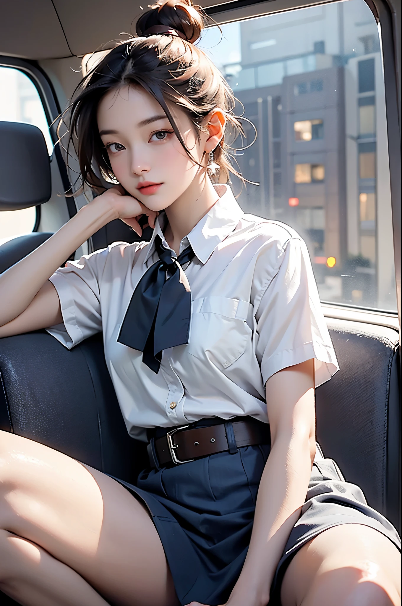 Official Art, Unity 8K wallpaper, Extremely detailed, beautiful and aesthetic, beautiful, masterpiece, best quality,
1 Girl, Solitary, Looking at the audience, short hair, , Brown hair, Brown eyes, White shirt, fashionable, Short sleeve, earrings, Open your mouth, Collared shirt, belt, Hair Bun, , Blue Skirt, scarf, single Hair Bun, completion, Aerial, Aircraft interior, passenger, seat, cabin, Office female staff,
thigh,(Not suitable for working hours:0.85),